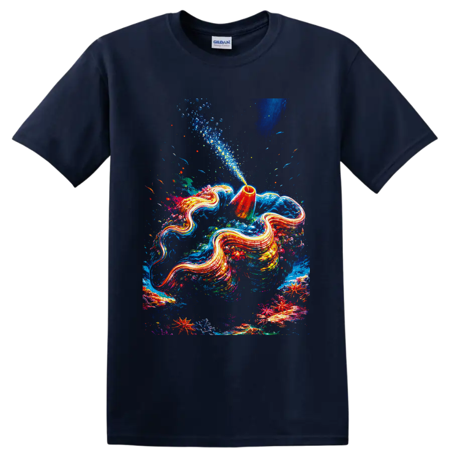 Flowing aquatic animals in colorful coral reef art with fish, bubbles, and starfish on a Navy (Blue) T Shirt