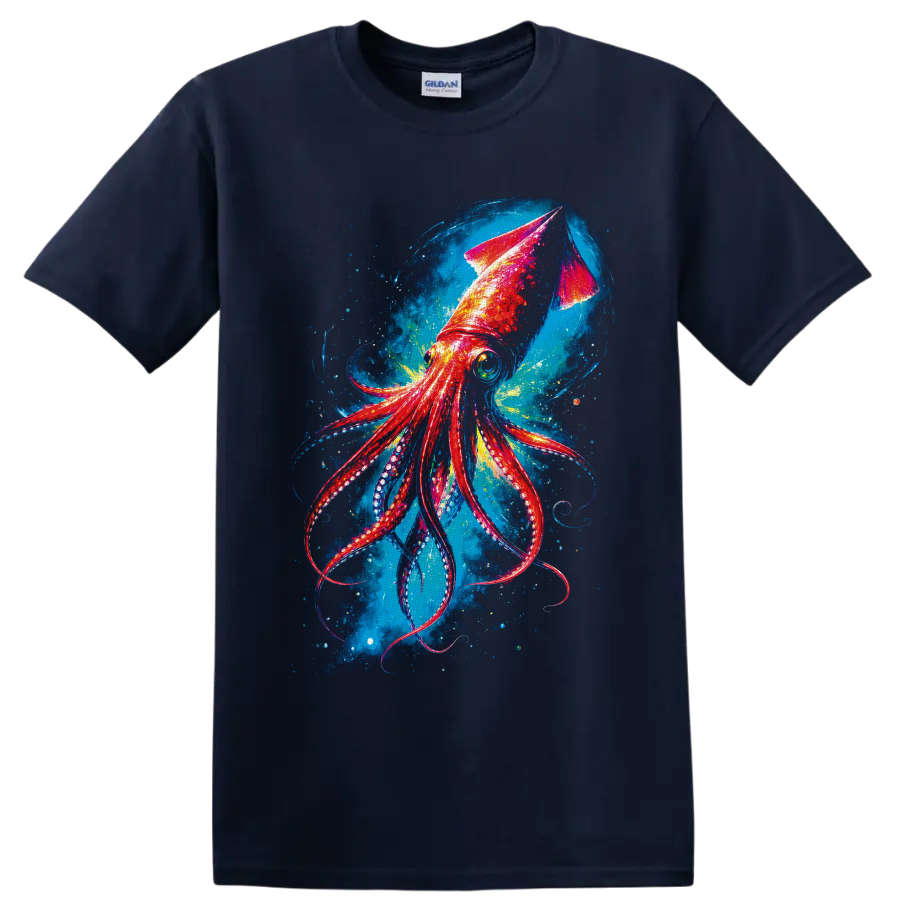 Colorful Giant Squid illustration with curling tentacles in a swirling deep-sea scene on a Navy (Blue) T Shirt
