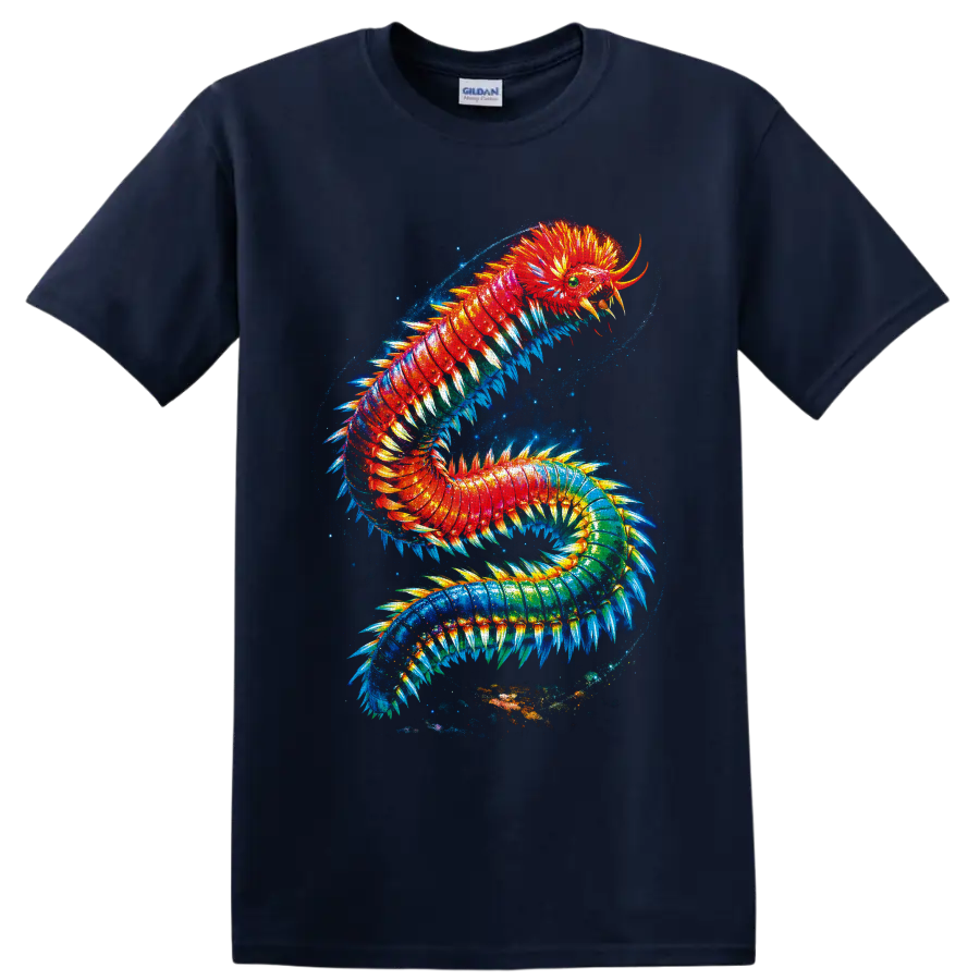 Surreal rainbow marine bristle worm with glowing bristles in a cosmic ocean swirl on a Navy (Blue) T Shirt