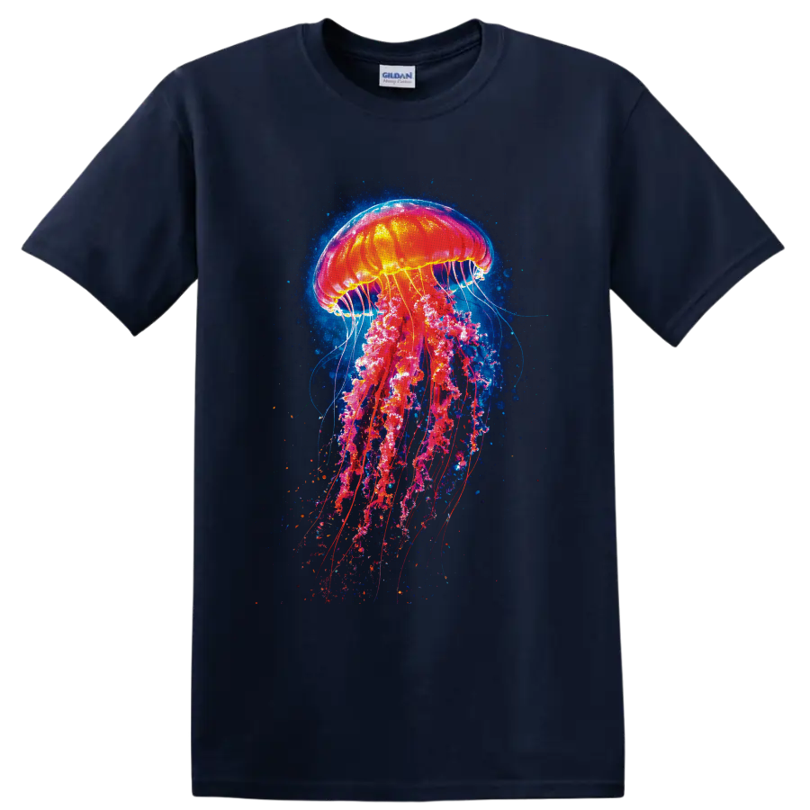 Neon jellyfish graphic art with glowing tentacles and deep blue ocean particles on a Navy (Blue) T Shirt