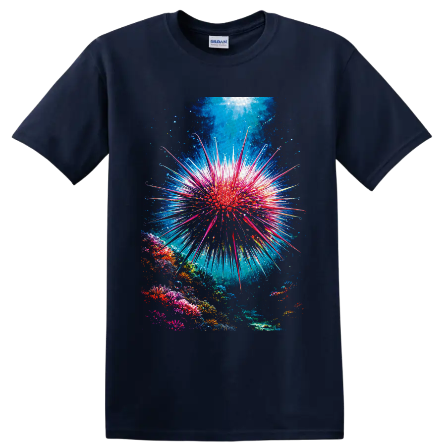 Crown-of-thorns starfish with radiant spines above a colorful sunlit coral reef on a Navy (Blue) T Shirt