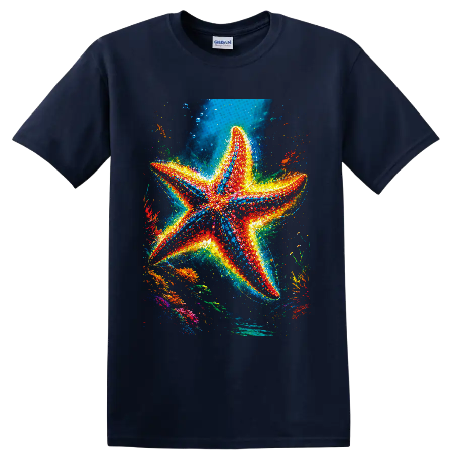 Vibrant red and blue starfish in a glowing tropical coral reef scene on a Navy (Blue) T Shirt