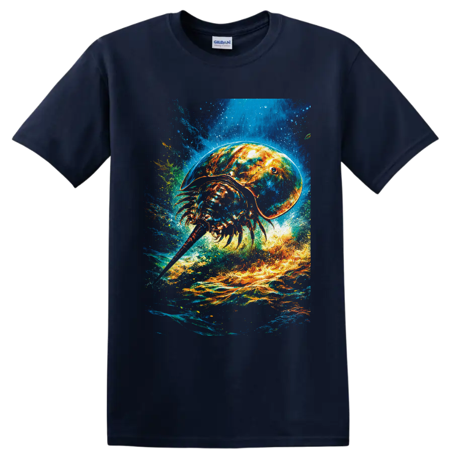 Vibrant horseshoe crab illustration in swirling blue water and fiery orange currents on a Navy (Blue) T Shirt