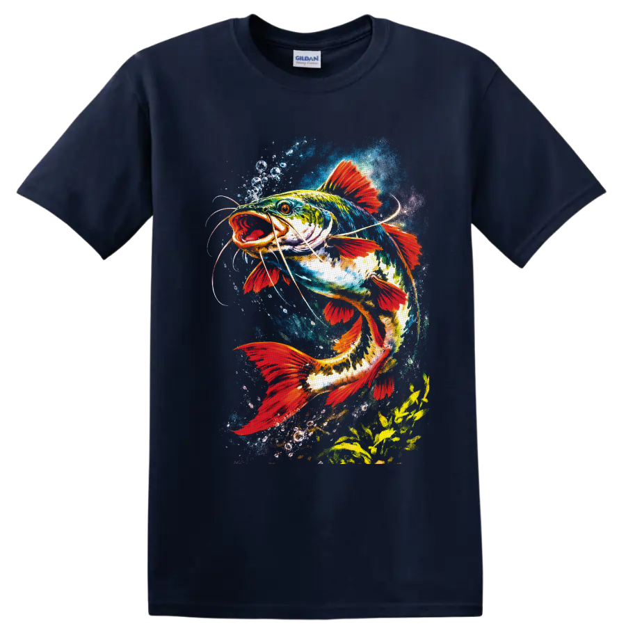 Vibrant watercolor catfish with red fins swimming through blue splashes and bubbles on a Navy (Blue) T Shirt