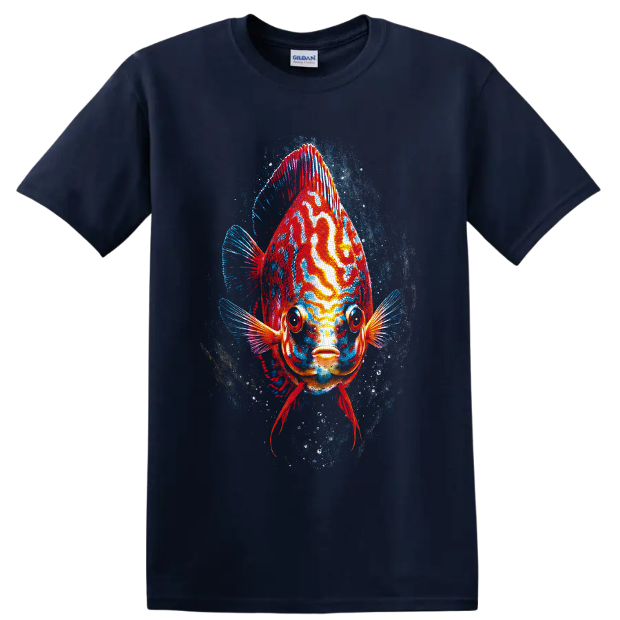 Colorful discus fish portrait with red, orange, and turquoise underwater splash art on a Navy (Blue) T Shirt