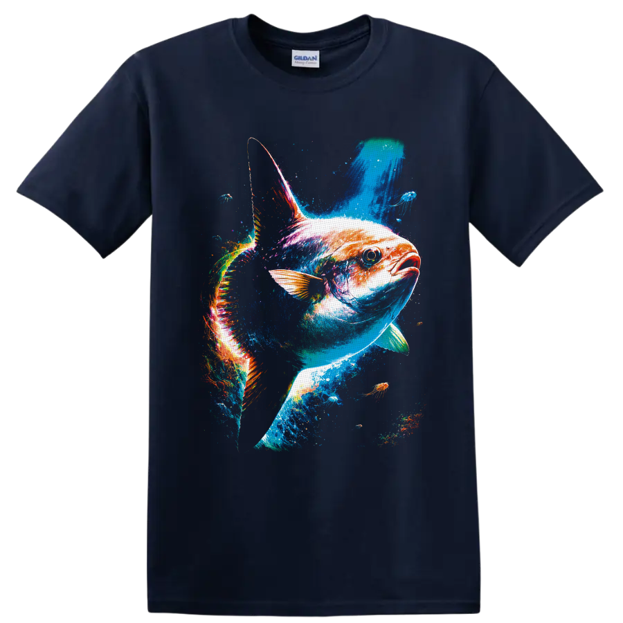 Colorful Bluefin Tuna splash-art design with jellyfish in a vivid underwater scene on a Navy (Blue) T Shirt