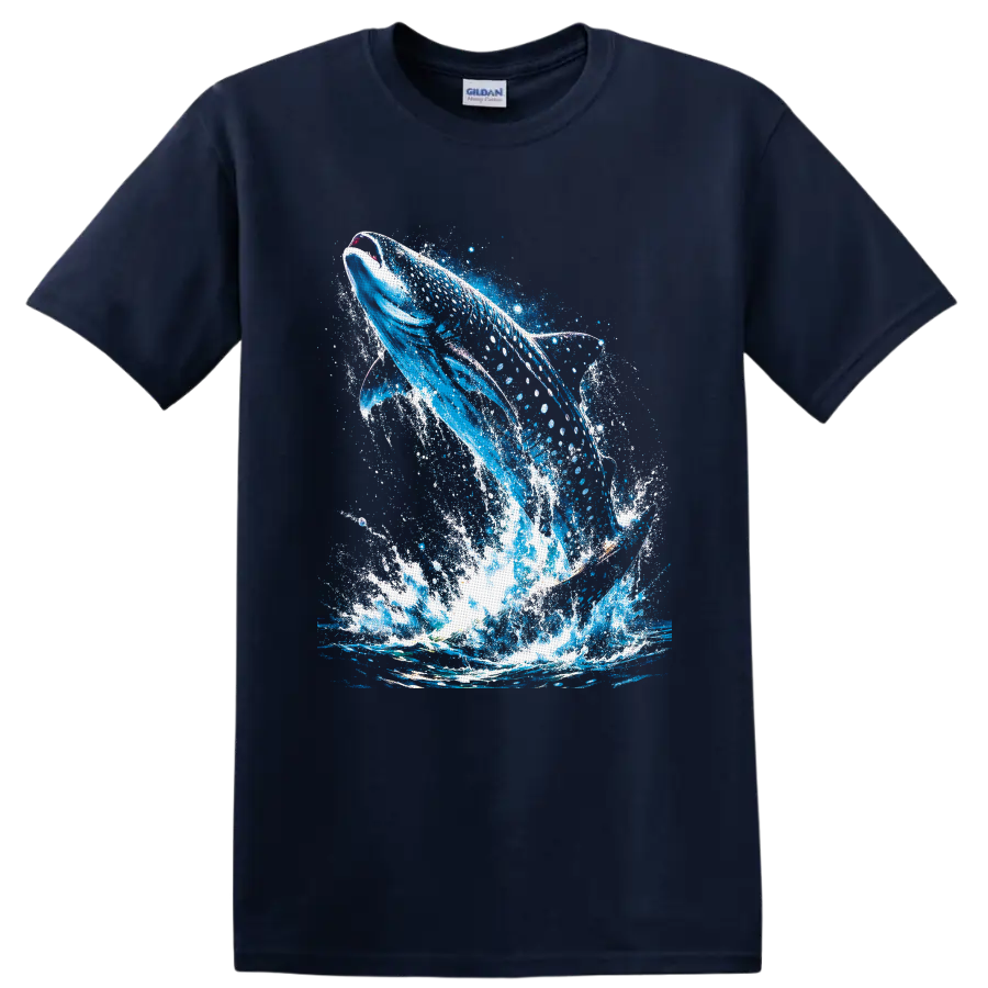 Breaching humpback whale in vivid blue ocean splash and paint-splatter artwork on a Navy (Blue) T Shirt