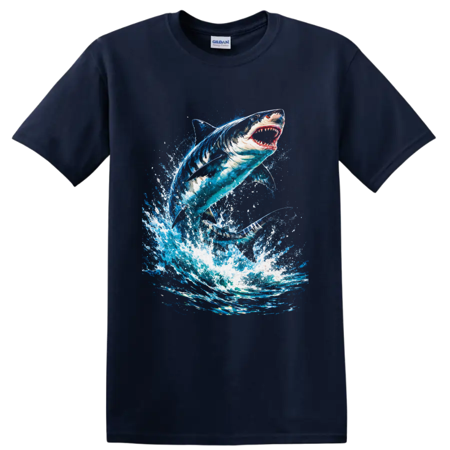 Great white shark leaping through a vivid blue ocean wave splash art design on a Navy (Blue) T Shirt