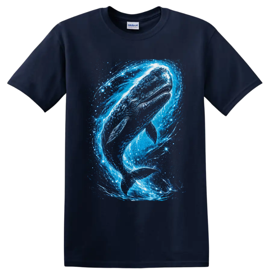 Humpback whale in swirling blue cosmic ocean waves and starry galaxy art on a Navy (Blue) T Shirt