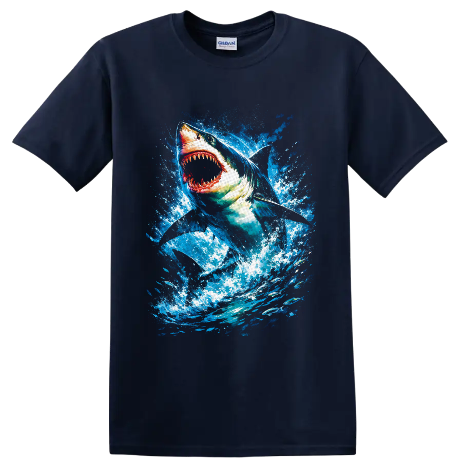 Great White Shark lunging through vivid blue ocean splash art on a Navy (Blue) T Shirt