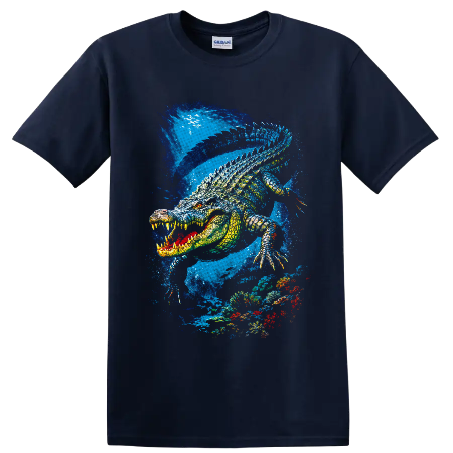 Fierce crocodile swimming through a vivid blue underwater coral reef illustration on a Navy (Blue) T Shirt