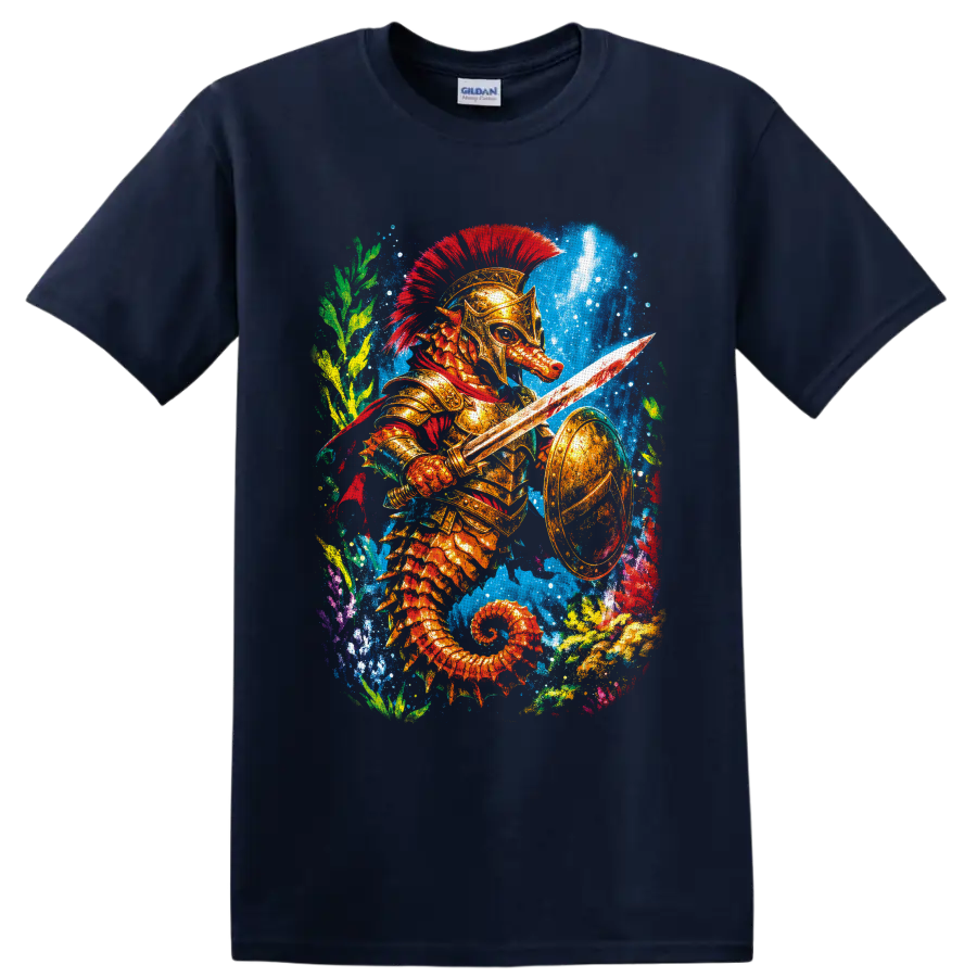 Colorful fantasy seahorse warrior in golden armor with sword and shield underwater on a Navy (Blue) T Shirt
