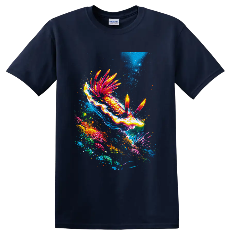 Vibrant nudibranch sea slug swimming through a colorful coral reef illustration on a Navy (Blue) T Shirt