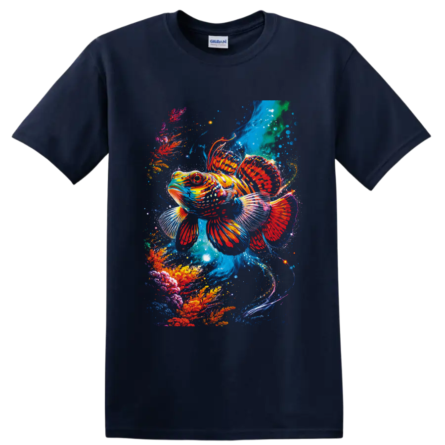 Tropical fish in a vibrant painterly underwater coral reef scene on a Navy (Blue) T Shirt