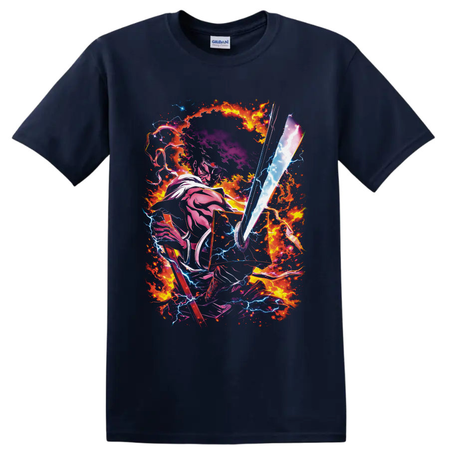 Mononoke Medicine Seller with glowing spirit sword, fire, and lightning anime art on a Navy (Blue) T Shirt