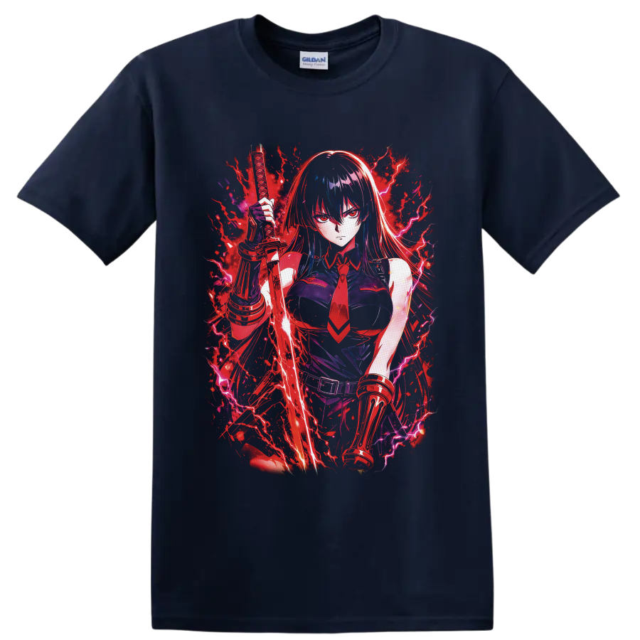 Esdeath Akame ga Kill anime warrior with katana, crimson splatter, and purple lightning on a Navy (Blue) T Shirt