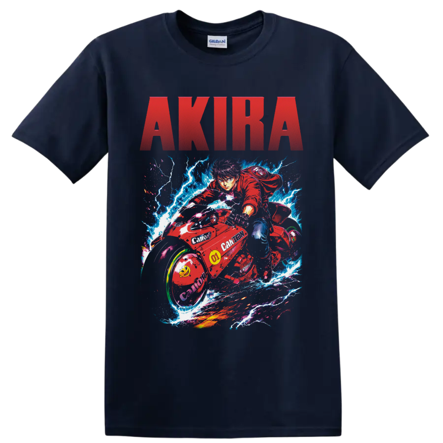 Shotaro Kaneda on red motorcycle with lightning and AKIRA text in neon anime art on a Navy (Blue) T Shirt