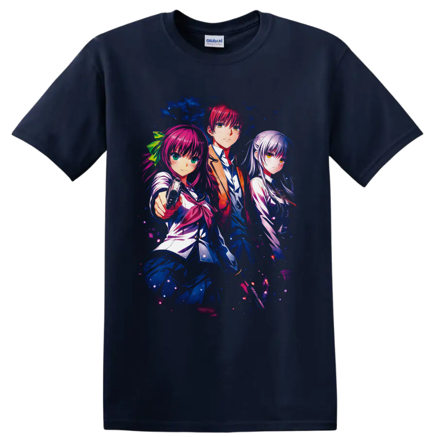 Angel Beats Yuri, Yuzuru, and Kanade cosmic anime character art on a Navy (Blue) T Shirt