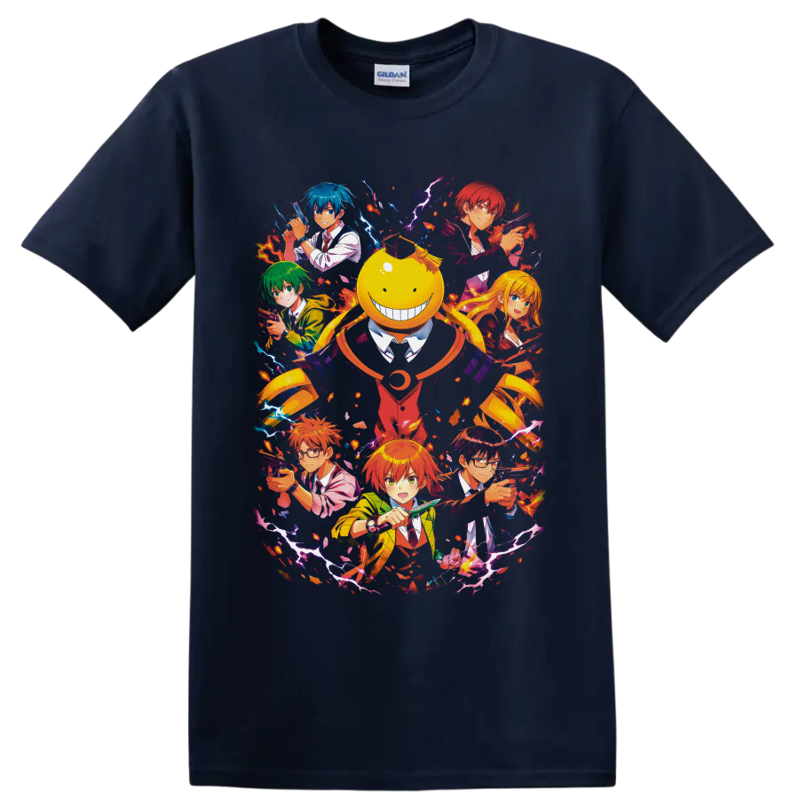 Koro-sensei and Class 3-E anime action collage with lightning and fiery splashes on a Navy (Blue) T Shirt