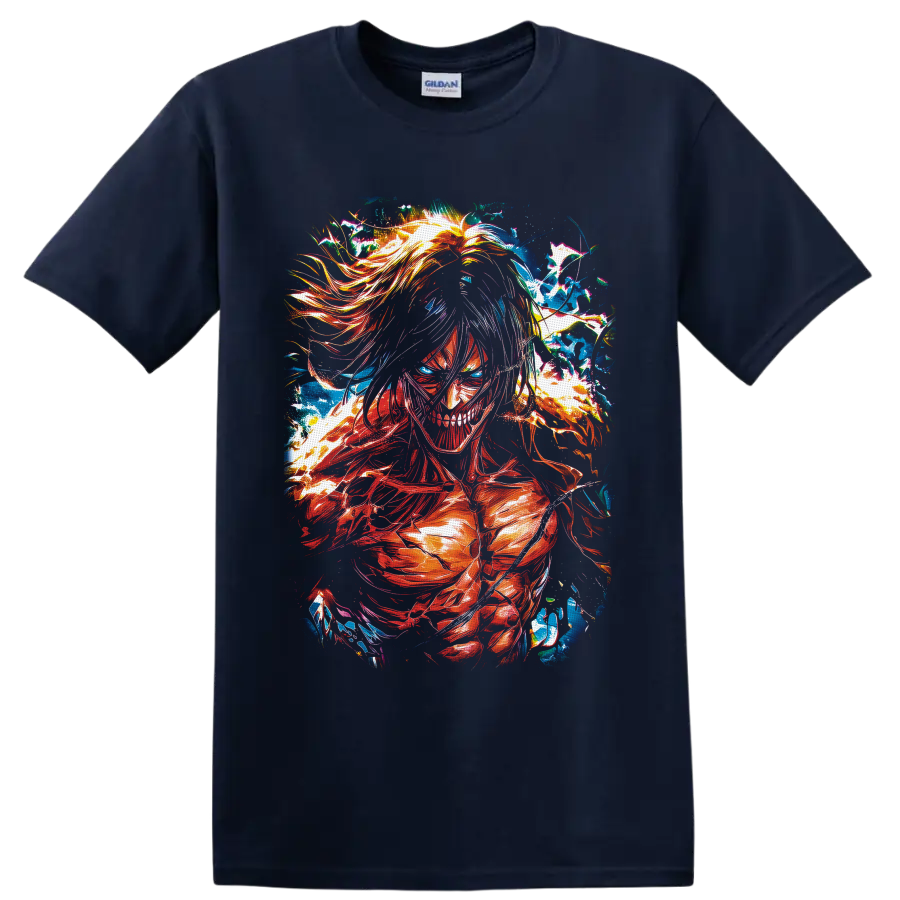 Eren Yeager Attack Titan in vivid red-orange and blue color-burst anime art on a Navy (Blue) T Shirt