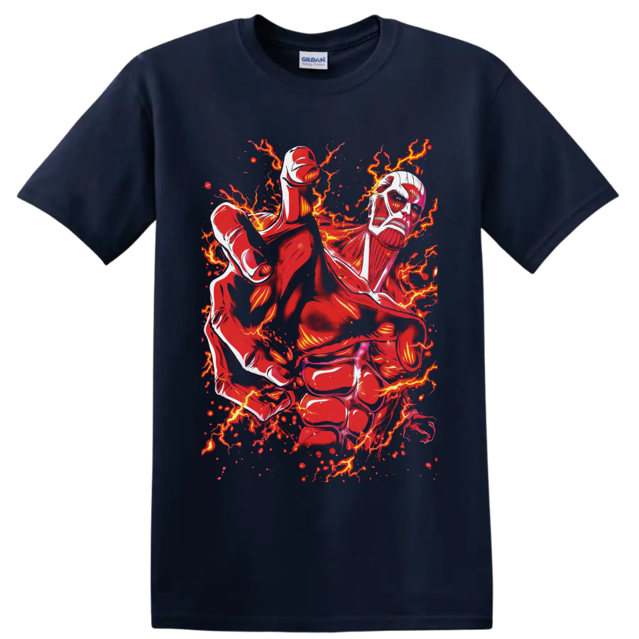 Colossal Titan Attack on Titan manga art with red lightning and fiery sparks on a Navy (Blue) T Shirt