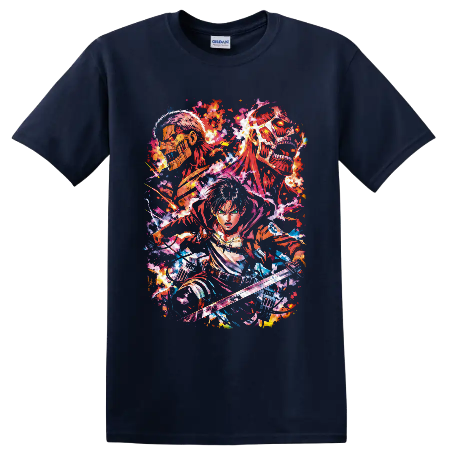 Eren Yeager with Armored and Colossal Titans in vivid splatter-paint anime art on a Navy (Blue) T Shirt