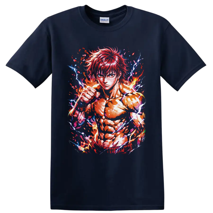 Baki Hanma anime fighter with raised fist, fire, and crackling lightning art on a Navy (Blue) T Shirt