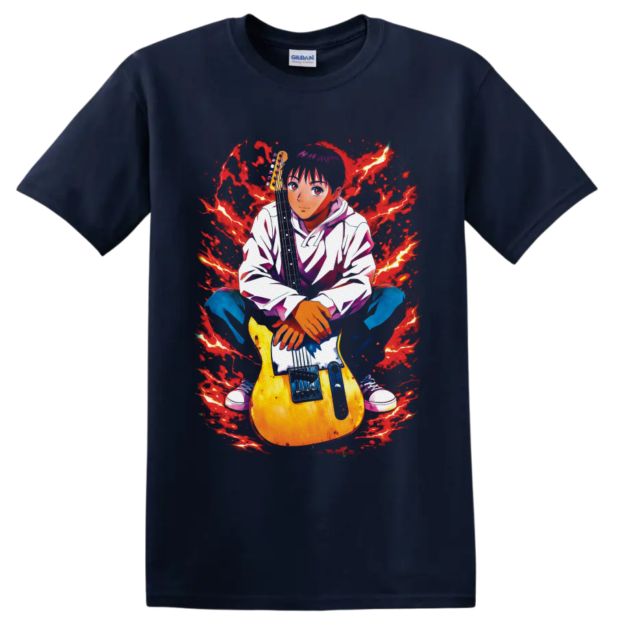 Yukio Tanaka Koyuki with electric guitar in red lightning anime rock art on a Navy (Blue) T Shirt