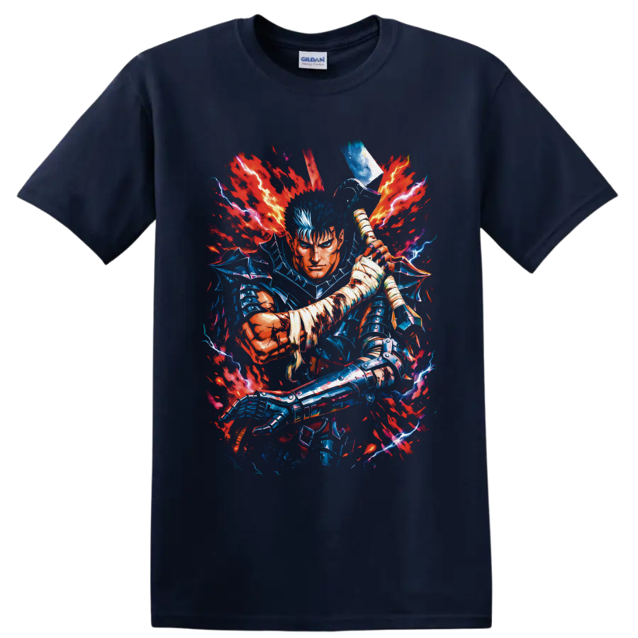 Guts Berserk Flame Dragon Knight swordfighter with red flames and blue lightning on a Navy (Blue) T Shirt
