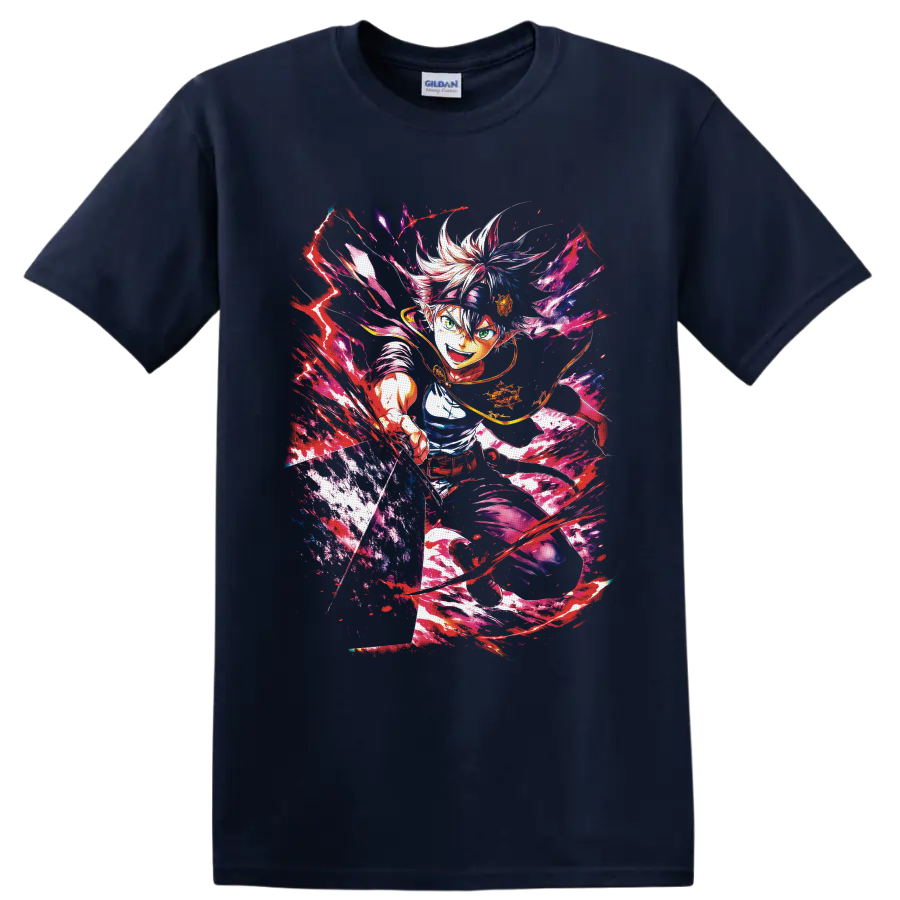 Asta Black Clover anti-magic battle anime art with neon paint splashes on a Navy (Blue) T Shirt