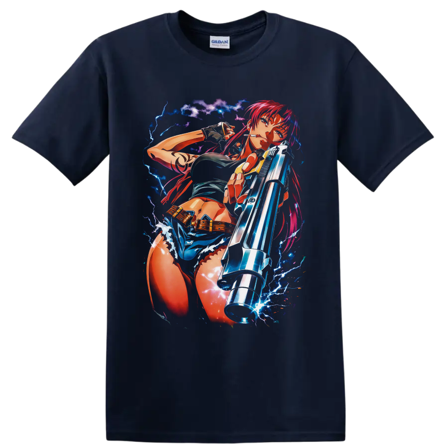 Revy from Black Lagoon in vivid anime gunfighter art with blue lightning on a Navy (Blue) T Shirt
