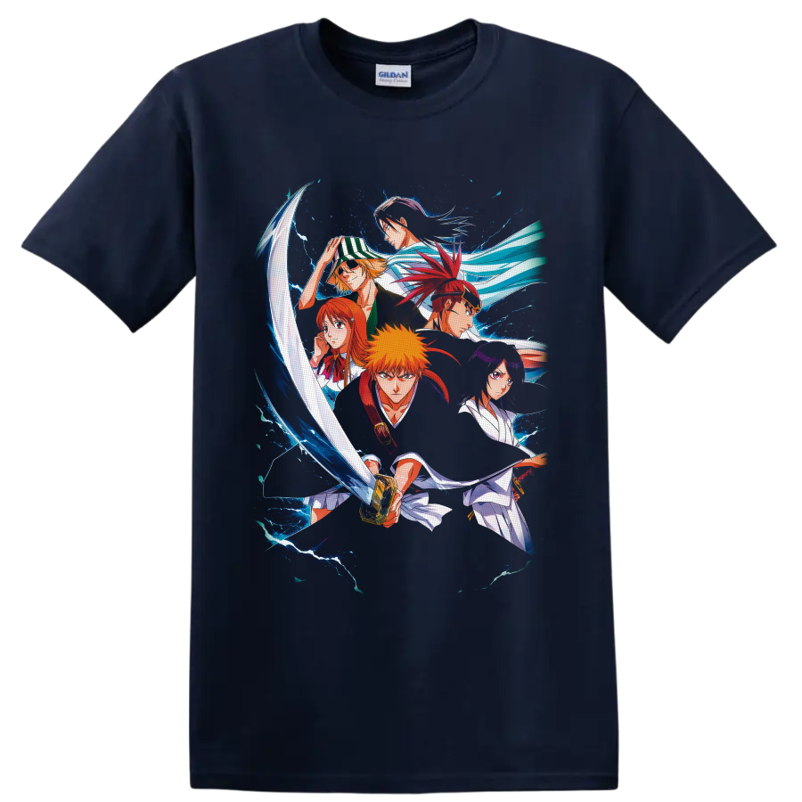 Bleach character group anime art with Ichigo Kurosaki, sword, and blue energy on a Navy (Blue) T Shirt