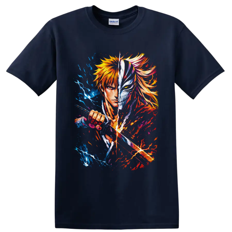 Ichigo Kurosaki split Hollow mask anime art with sword slash and blue fiery energy on a Navy (Blue) T Shirt