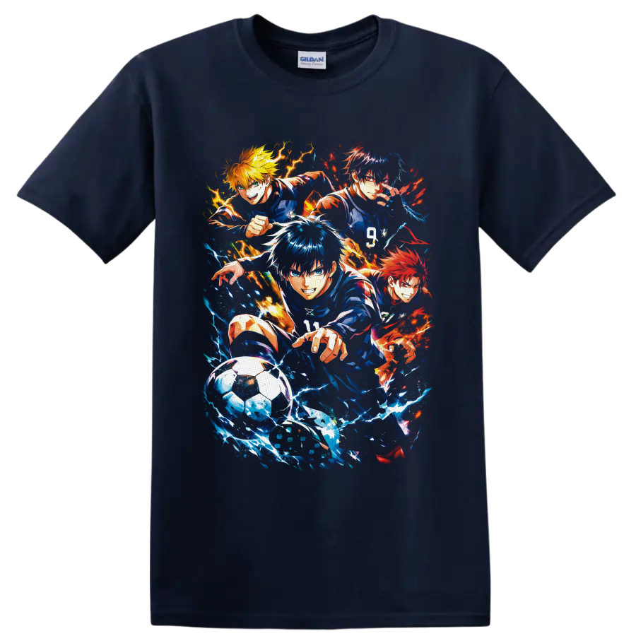 Satoru Gojo and Blue Lock anime soccer players in explosive blue and orange splatter art on a Navy (Blue) T Shirt