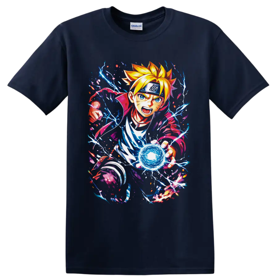 Boruto Uzumaki anime art charging a blue lightning energy orb on a Navy (Blue) T Shirt