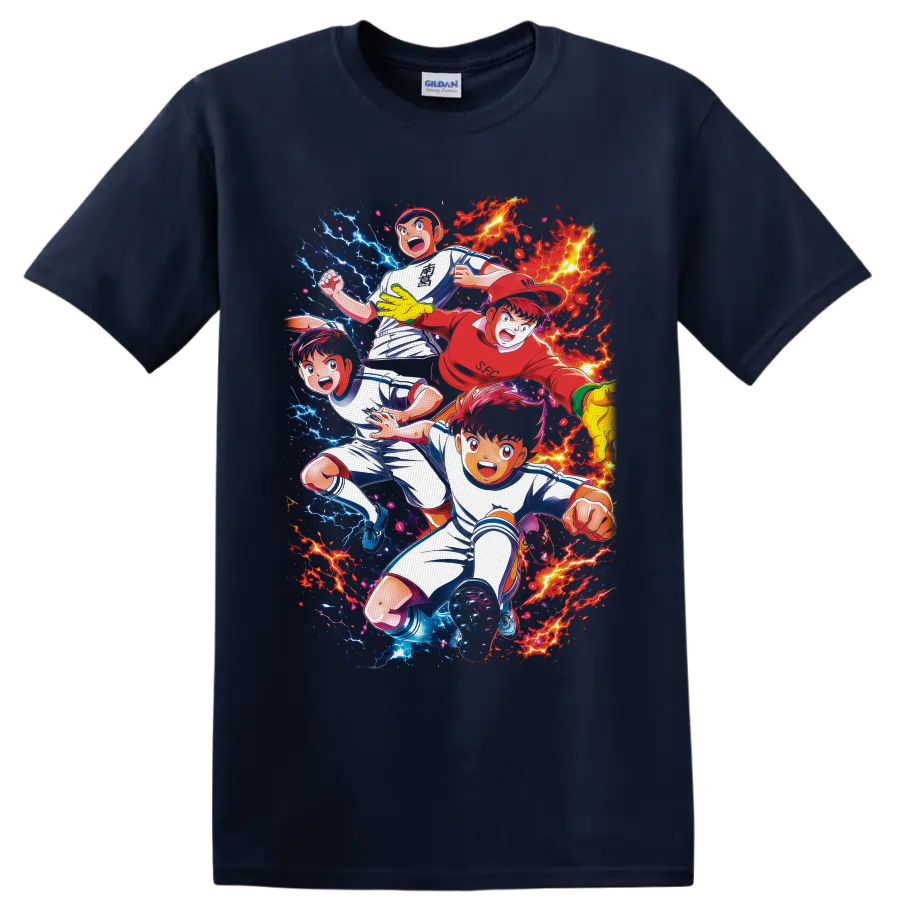 Captain Tsubasa soccer anime players with red flames and blue lightning on a Navy (Blue) T Shirt