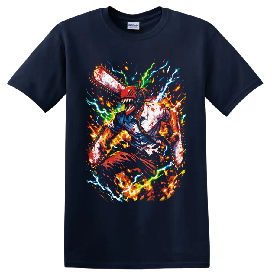 Denji Chainsaw Man chainsaw transformation with fiery splatter and electric anime art on a Navy (Blue) T Shirt