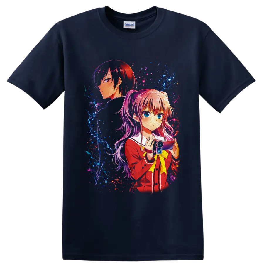 Nao Tomori and Yuu Otosaka anime art with camera and electric cosmic effects on a Navy (Blue) T Shirt