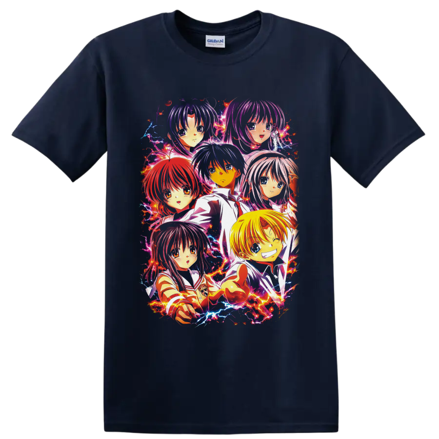 Full Moon wo Sagashite character group anime art with colorful electric lightning on a Navy (Blue) T Shirt