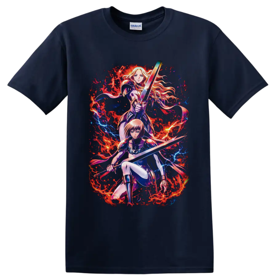 Clarice and Miata sword warrior anime art with fiery lightning battle effects on a Navy (Blue) T Shirt