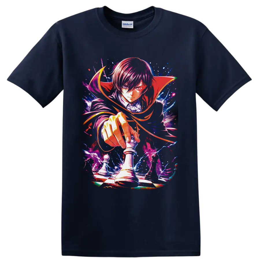 Lelouch Lamperouge chess king anime art with crimson cape and electric checkerboard on a Navy (Blue) T Shirt