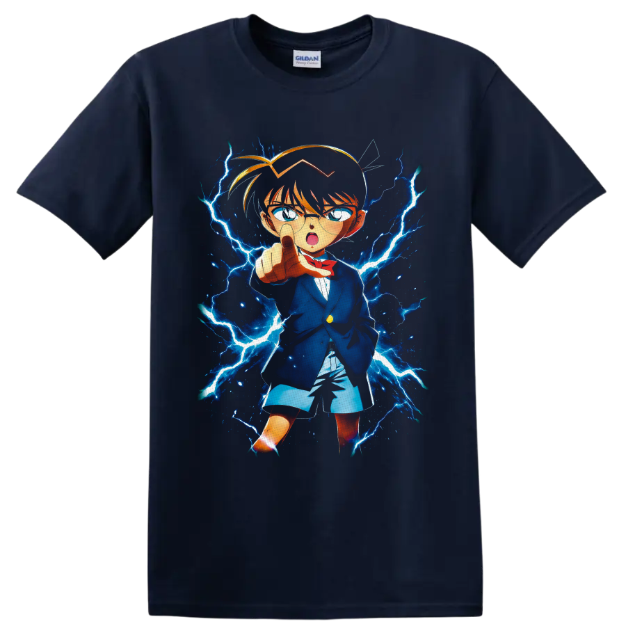 Conan Edogawa anime detective pointing amid electric-blue lightning on a Navy (Blue) T Shirt