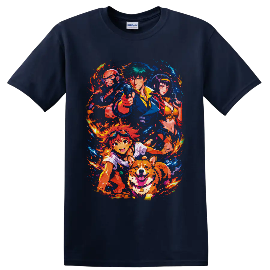 Cowboy Bebop crew anime art with Spike, Jet, Faye, Edward, Ein, flames and blue energy on a Navy (Blue) T Shirt