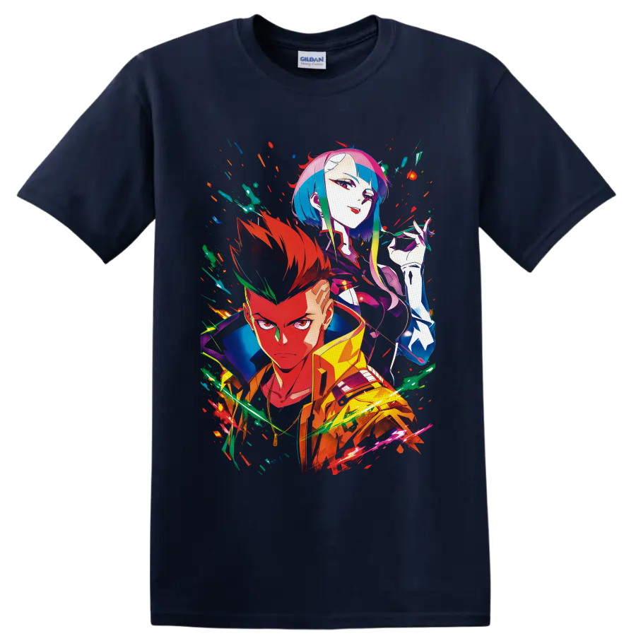 David Martinez and Lucy Kushinada in vivid neon cyberpunk anime character art on a Navy (Blue) T Shirt