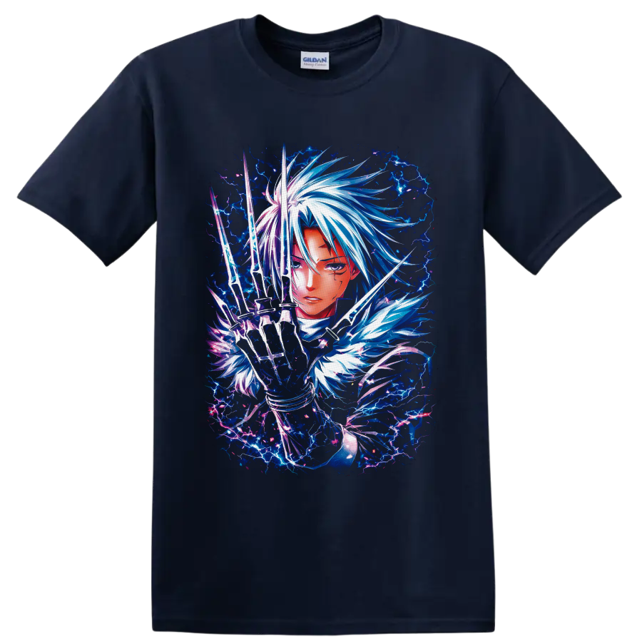 Allen Walker D.Gray-man anime art with glowing blades and electric blue lightning on a Navy (Blue) T Shirt
