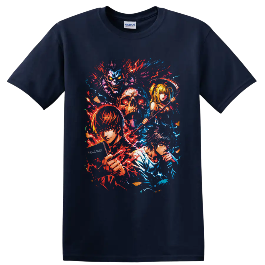 Death Note character collage with Light, L, Misa, Ryuk, skull, scythe, and splatter art on a Navy (Blue) T Shirt