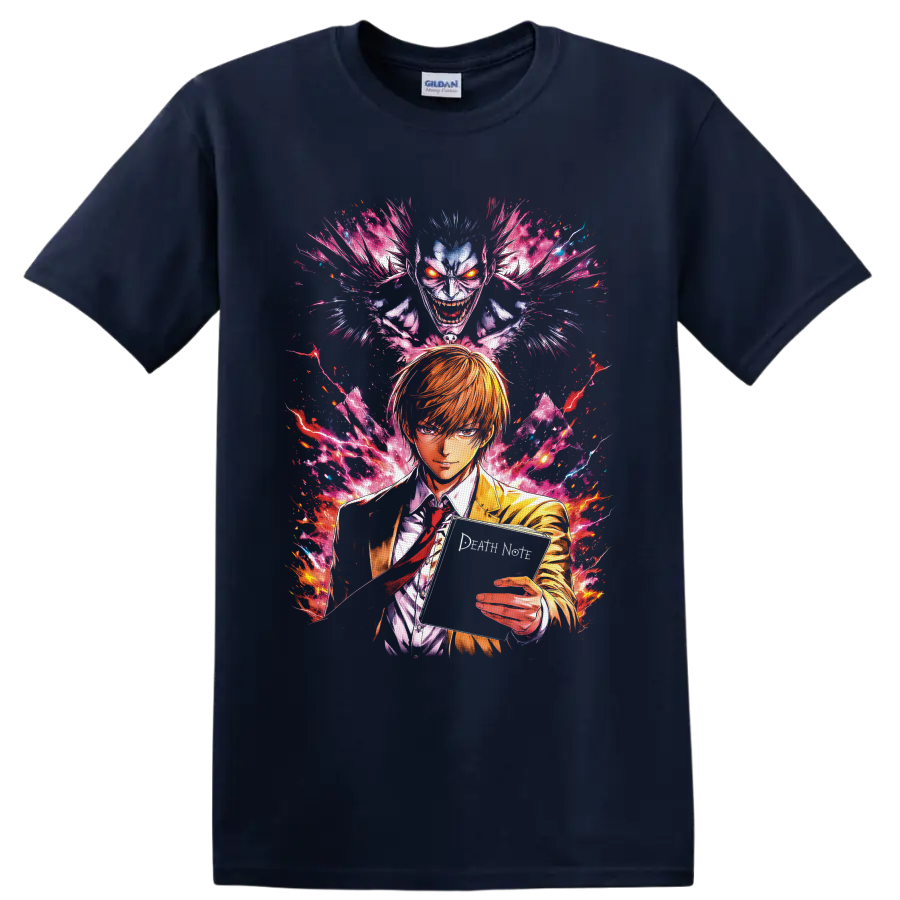 Light Yagami and Ryuk in neon manga art with a notebook and electric energy on a Navy (Blue) T Shirt