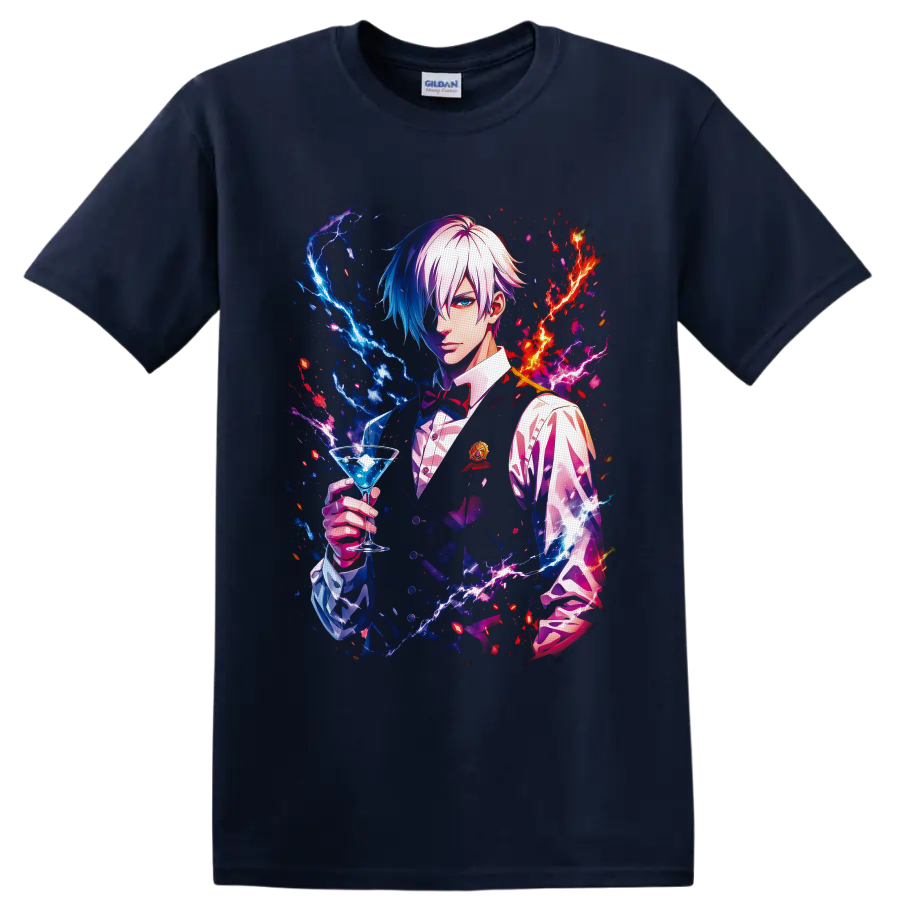 Decim Death Parade bartender holding a blue cocktail amid neon red and blue lightning on a Navy (Blue) T Shirt