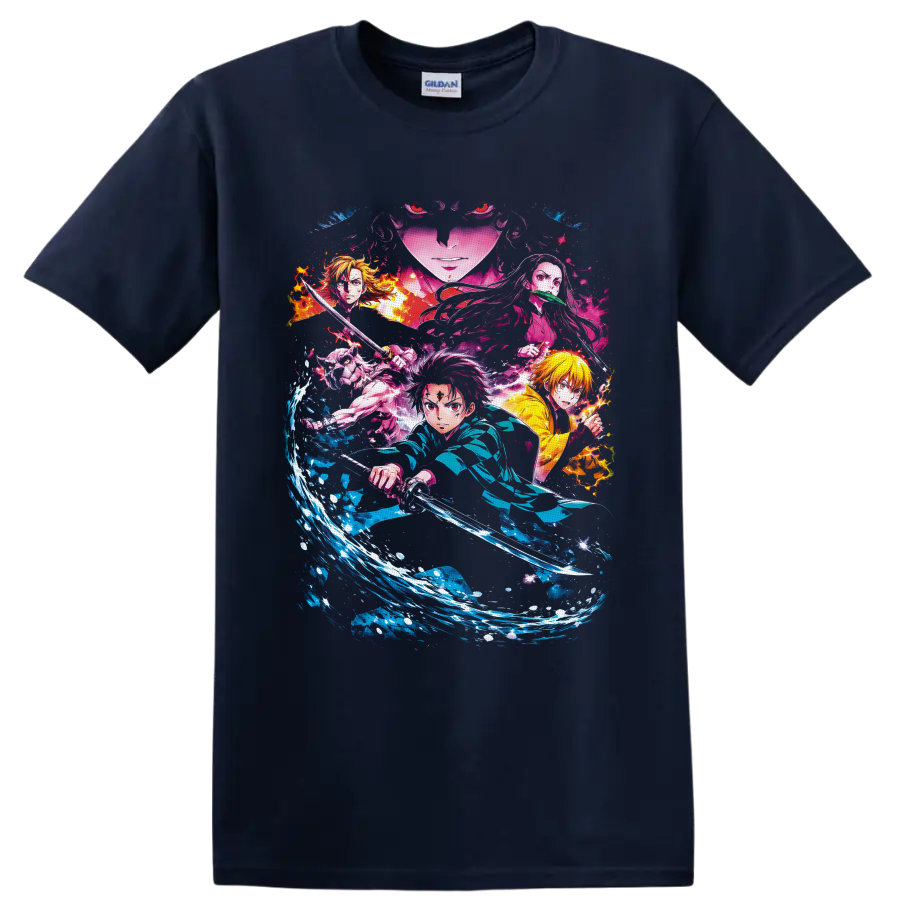 Demon Slayer collage with Tanjiro, Zenitsu, Inosuke, Nezuko, water and flame effects on a Navy (Blue) T Shirt