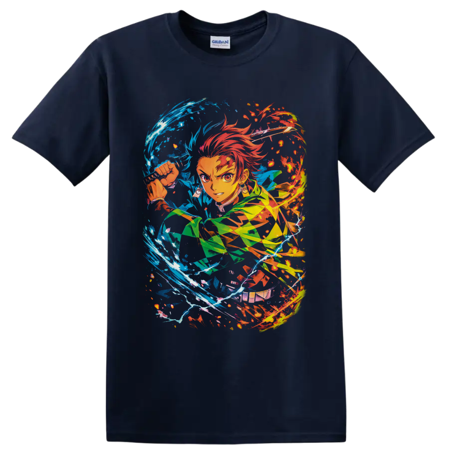 Tanjiro Kamado anime sword art with swirling blue water and red fire effects on a Navy (Blue) T Shirt